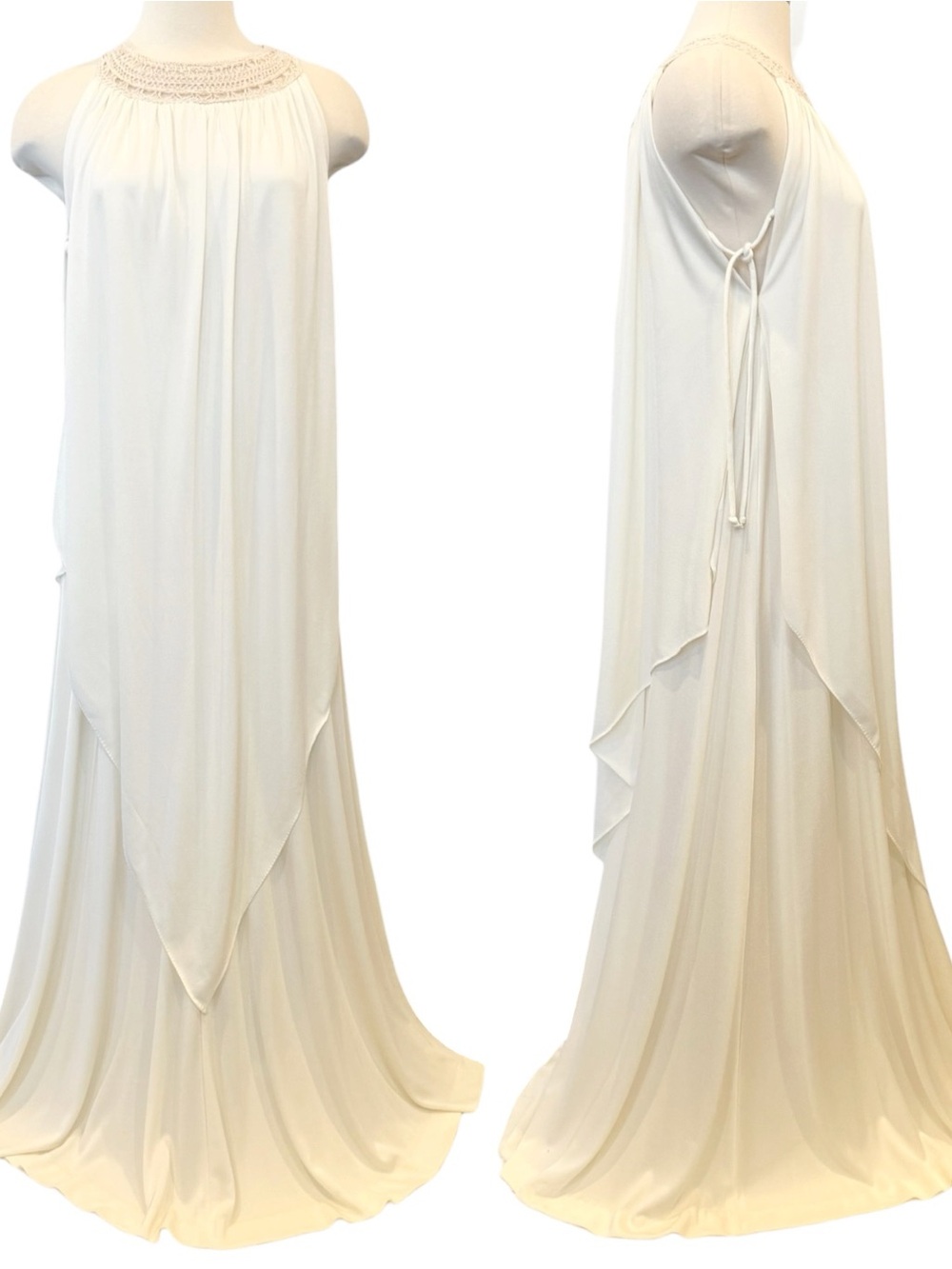 Joseph Magnin Silky Satin Ivory Vintage Goddess Maxi Gown Halter Kaftan Dress - Picture 14 of 15